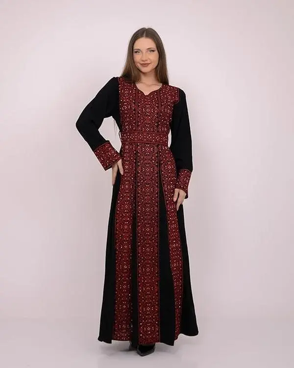 Women's Embroidered Mira Palestinian Thobe - Modest Arabic Ceremonial Dress with Belt, Stylish Fabric - Ideal for Eid, Ramadan Gifts for Her