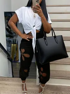 Spring Summer Hollow Out Crochet Fitted Solid Two-Piece Set, Short Sleeve Top + Casual Drawstring Pants, Daily Streetwear, Vacation Travel Comfort Women's Clothing