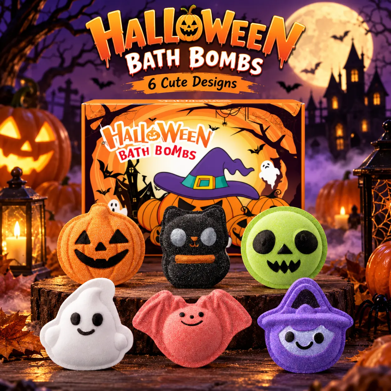 Halloween Bath Bombs — 6 Cute Designs Pumpkin Ghost Bat Skull, Fizzy Bath Fizzies for Self Care Bath Time