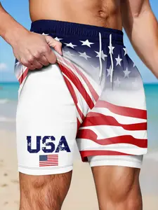 Men's Usa Flag Print Sporty Outdoor Casual Shorts, Loose-Fitting, Random Print, All-Seasons, Multiple Styles Available, 250th Anniversary Design, Fashionable Summer Shorts, Leisure Shorts