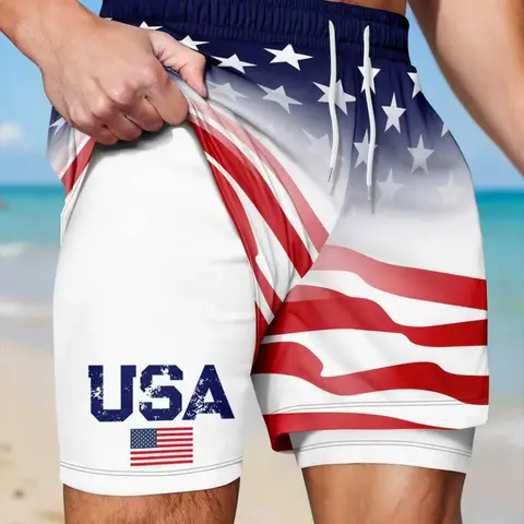 Men's USA Flag Print Loose-Fit Sports Short Sporty Outdoor Summer, 250th Anniversary Design, Multiple Colors Available, All-Season Wear