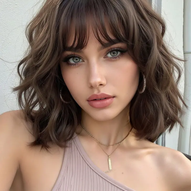 Women's Bob Wig Natural Short Curly Hair, 10 Inch with Bangs, Daily Wear Synthetic Fiber Wig for All Seasons, Stylist Friendly Wig, Synthetic Material Wigs