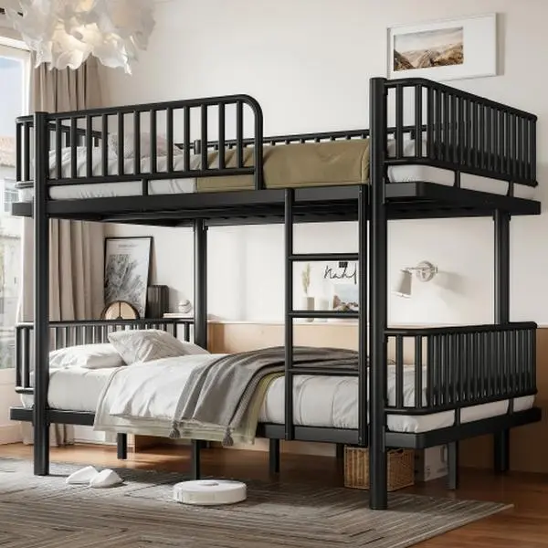 Full Over Full Steel Bunk Bed with Ladder & Guardrails, Upgraded Round-Pipe Safety Frame, Convertible to 2 Platform Beds, No Box Spring Required, Steel Bed Frames