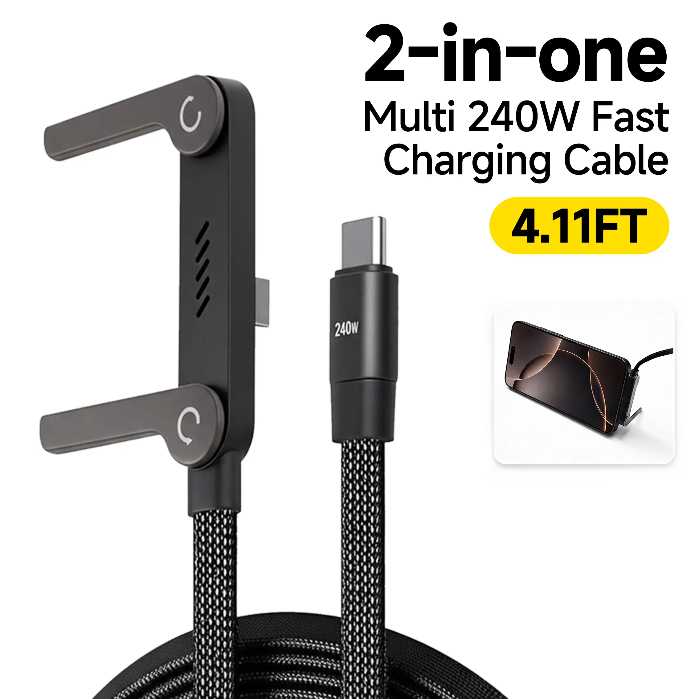 FIOK 240W 2-in-1 USB C Fast Charging Cable with Invisible Phone Stand, 360° Rotating Type-C Braided Cord for Gaming, Car and Office | Single Head