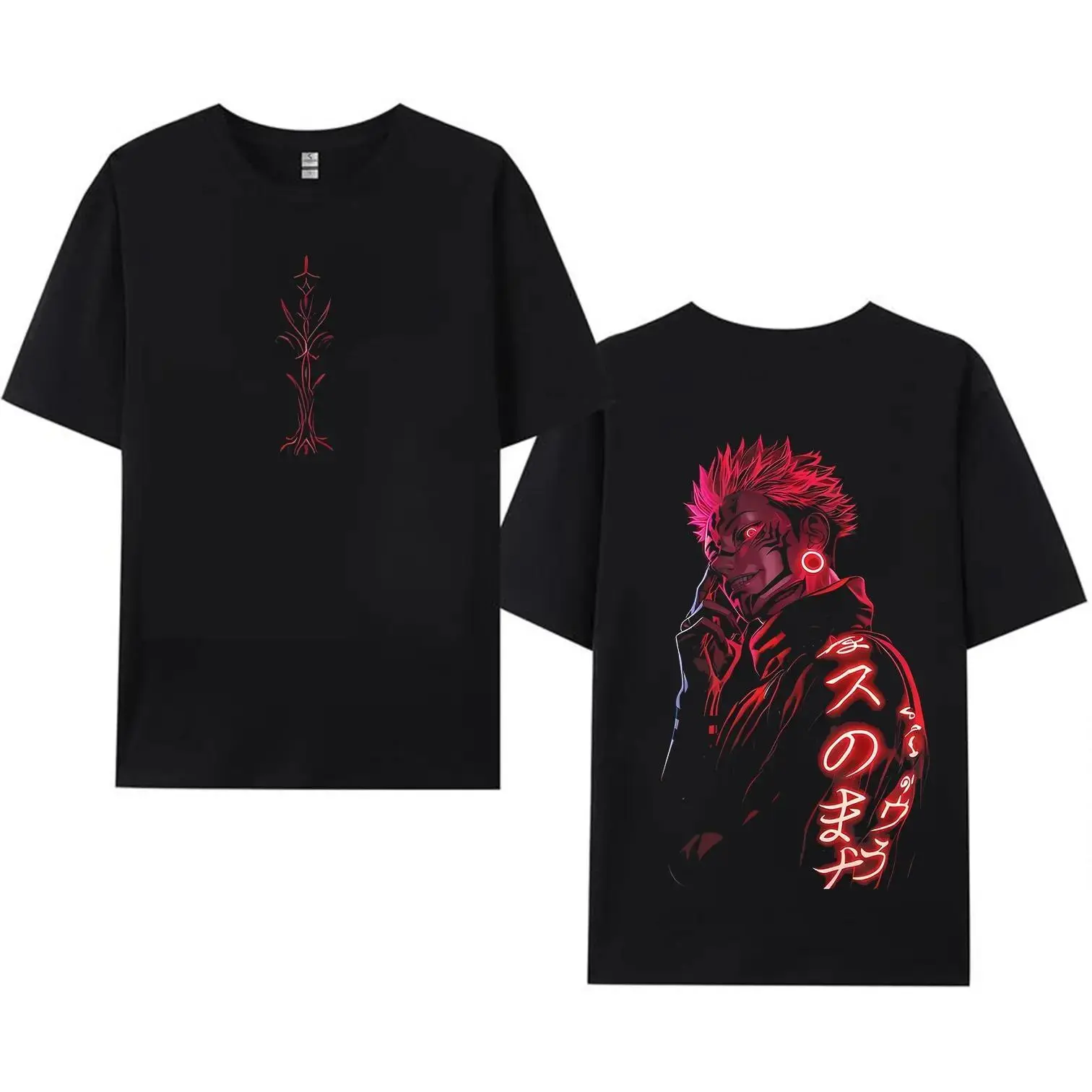 Men's Oversized Streetwear T-Shirt, Jujutsu Kaisen Sukuna Graphic, Soft 230gsm Heavyweight Washed Cotton Fabric, Seamless, Neon Red, Round Neck, Tops, Pure Cotton, Shortsleeve