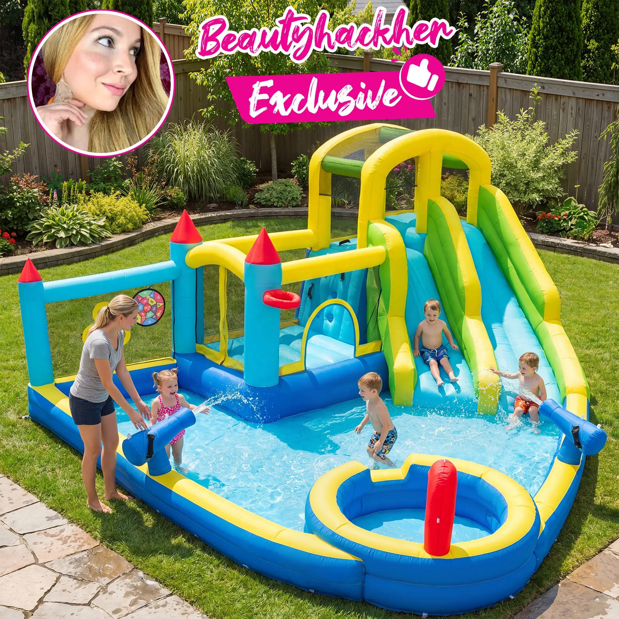 【Beautyhackher Exclusive】InflaInflatable Water Slide For 4-6 kids, Big Water Bounce House for Kid Backyard, Blow Up Water Park with 680W Blower, Splash Pool, Water Cannon, Climbing Wall for Kids Outdoor and Indoor