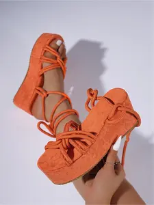 2026 New Red Suede Lace-Up Wedge Sandals Women Summer Thick Platform Espadrille Sandals Multi-Layer Wrap Strap Design Open-Toe High Heel Roman Sandals Vacation Date Hot Girl Style Height-Extending Slimming Versatile Sandals Crossed Straps Sandals