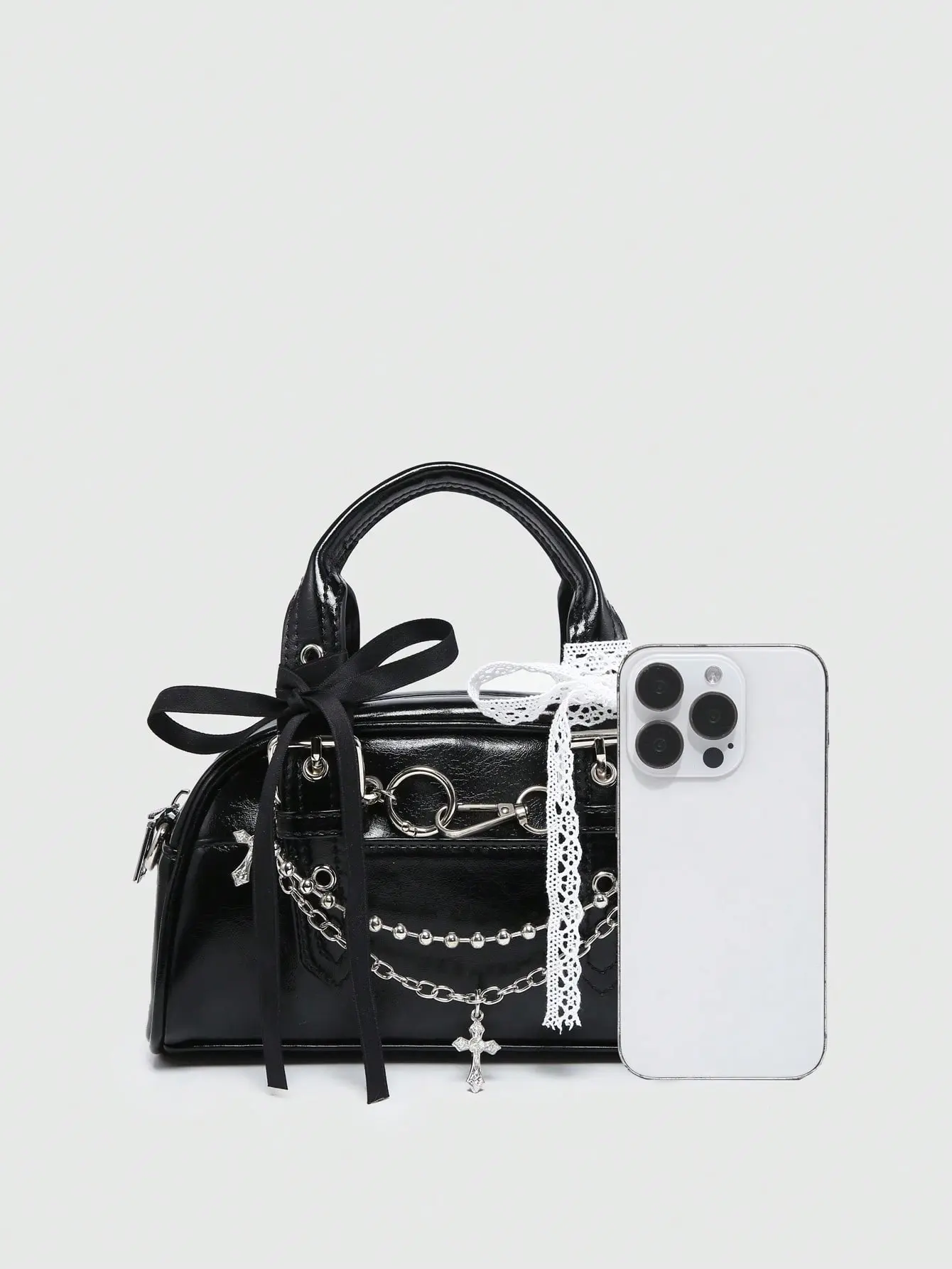Kawaii Women's Gothic Bow Cross Chain Mini Tote Bag, Cute Halloween Costume Handbag, Y2K Goth Shoulder Purse, Party Cosplay Dress Up Bag