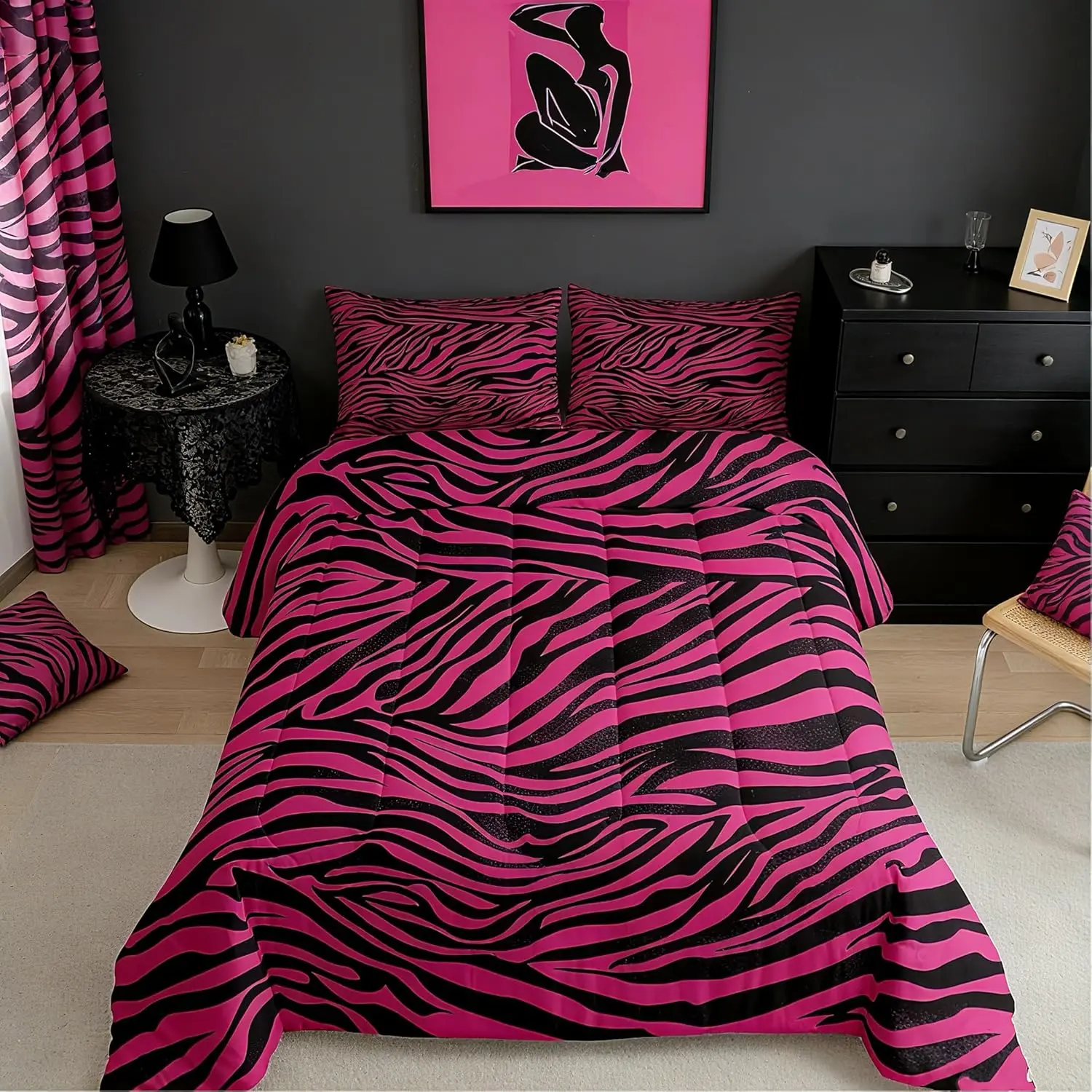 Zebra Bedding Set Animal Print Comforter Set Decor Hot Pink Comforter Microfiber Abstract Art Duvet Set Bedroom Stripes Quilt Set