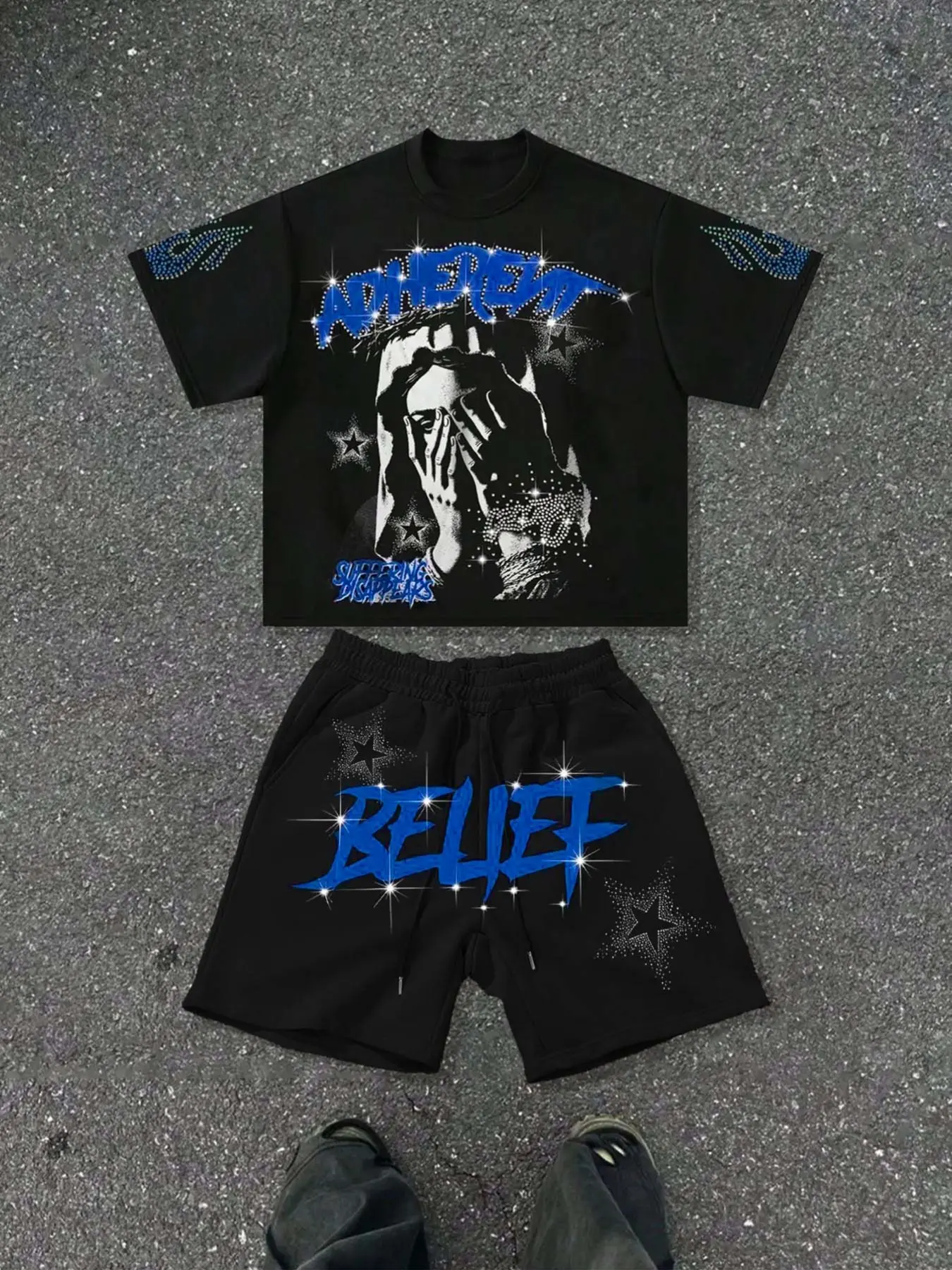 Men's Casual Aesthetic Geometric Print Tee and Drawstring Shorts Set, Rhinestone Loose Fit Round Neck Crewneck, Soft Breathable, Perfect for Leisure Sports, Menswear, Classic, Clothes