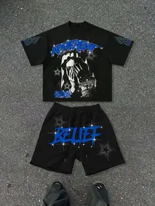 Men's Casual Aesthetic Geometric Print Tee and Drawstring Shorts Set, Rhinestone Loose Fit Round Neck, Soft Breathable, Perfect for Leisure Sports