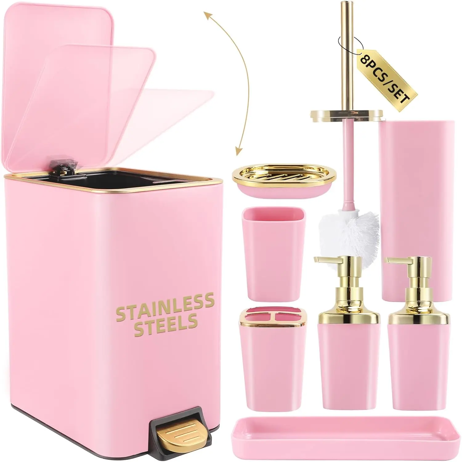 Bathroom Accessories Set 8 count  and  Bathroom Set, Bathroom Sets with Stainless Steel Trash Can,Toilet Brush, Set,Soap Dispenser