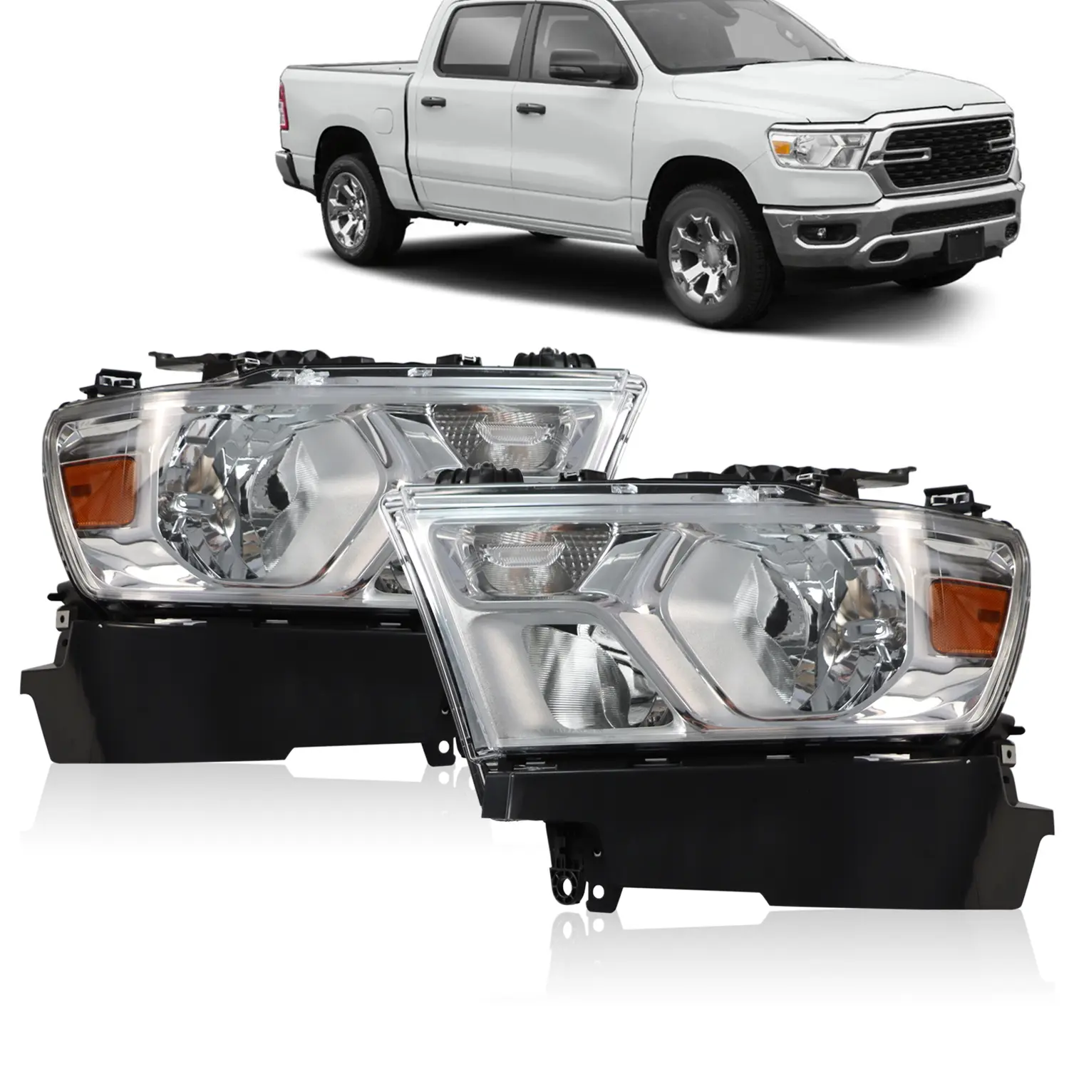 Nakkaa Chromed Look Polycarbonate Halogen Headlight Bulbs - High/Low Beams, Multi-Function Pair Set, Direct Fit for 2019-2023 Dodge Ram 1500 Car Lights, Factory Match