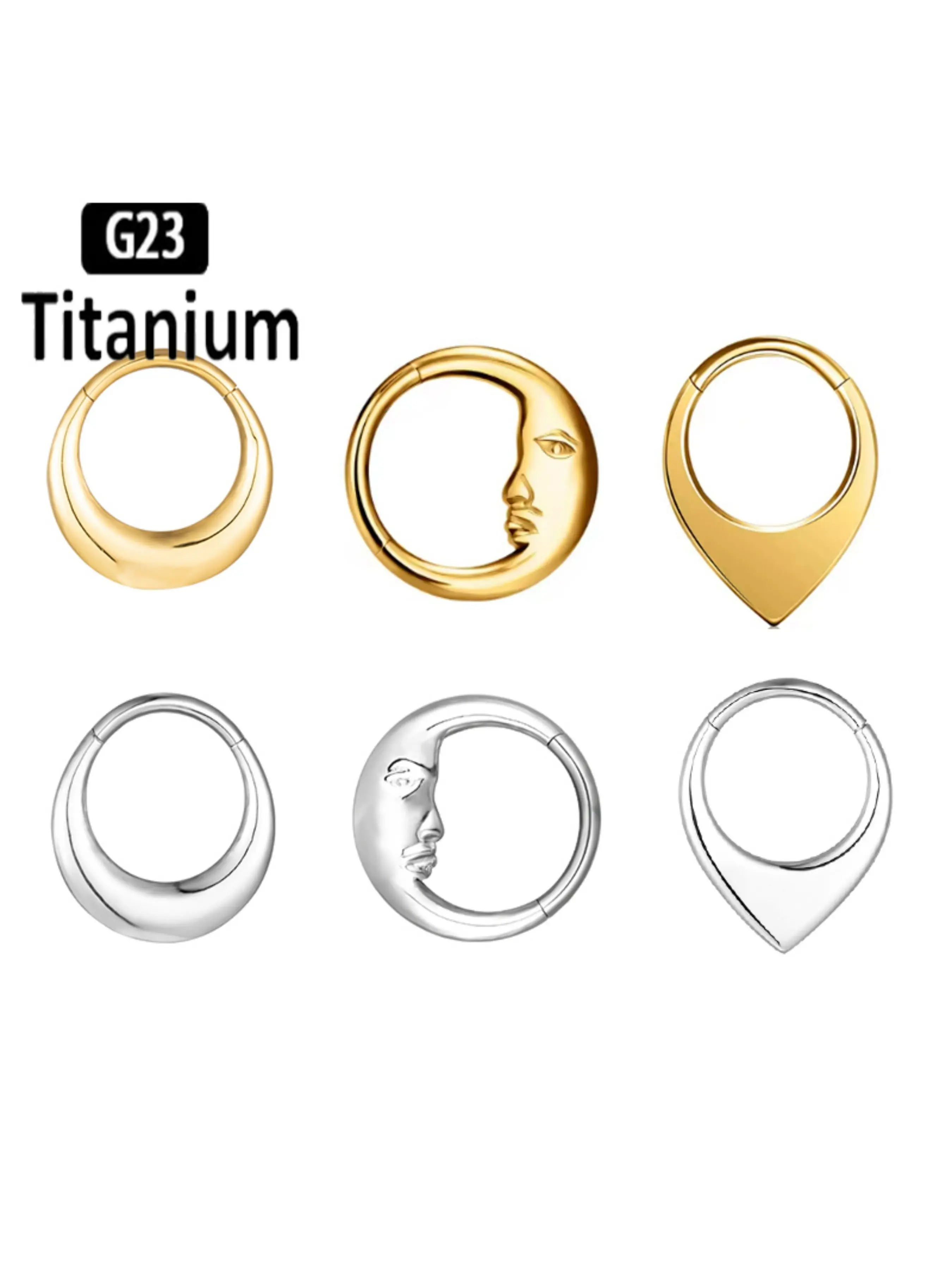 G23 Titanium Mirror Moon Waterdrop Septum Piercing Clicker Nose Rings, 16g Segment Tragus Cartilage Daith Hoop Earrings Body Jewelry, Titanium Nose Hoops