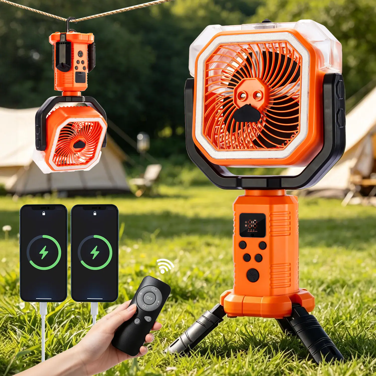 Qawtor 2026 Upgraded Version Portable Camping Fan with mist, Rechargeable Outdoor Fan, Tripod & Hanging Hook, Telescopic Stand, Digital Display, Multi-Speed Battery Fan，Modern Style，Easy Travel  Camping Fan tiktokshopbacktoschool