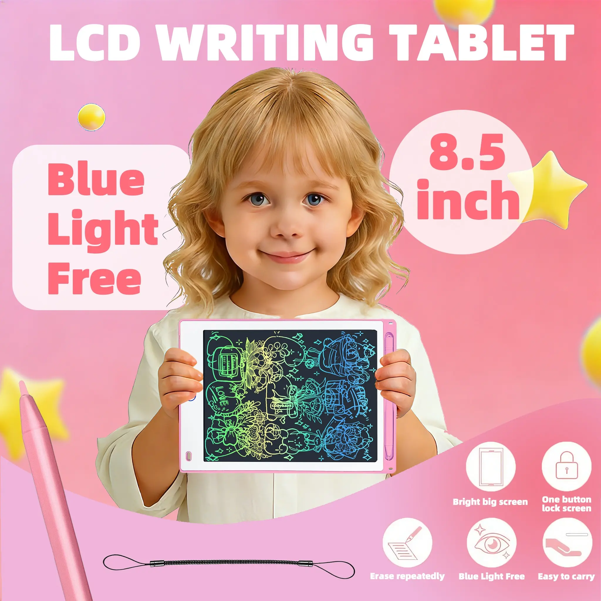 Children LCD Writing Tablet with Pen & Spring Rope, 3 Sizes Available 12/10/8.5 Inches, Erasable Eye-Care Screen Toy, Toddler Tablet Learning Tool