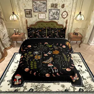 Gothic Nature Comforter Set,Kids Room Decor Butterfly Moth Flower Mushroom Rustic Garden Bedding Comforter,Star Moon Sun Boho Style Soft Polyester