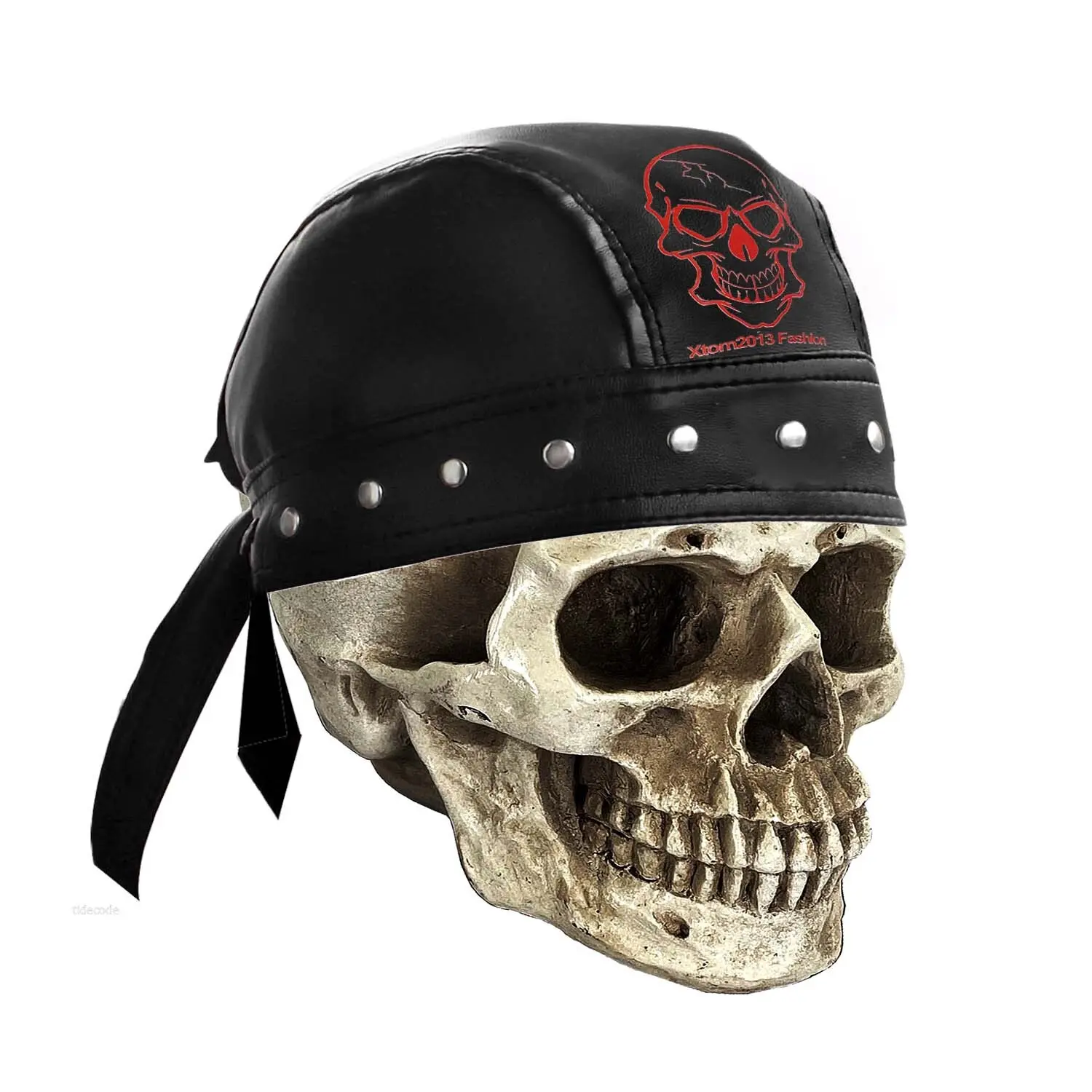 Mens Motorcycle Skull PU Leather Bandana Head Wrap Rivet Cap For Men