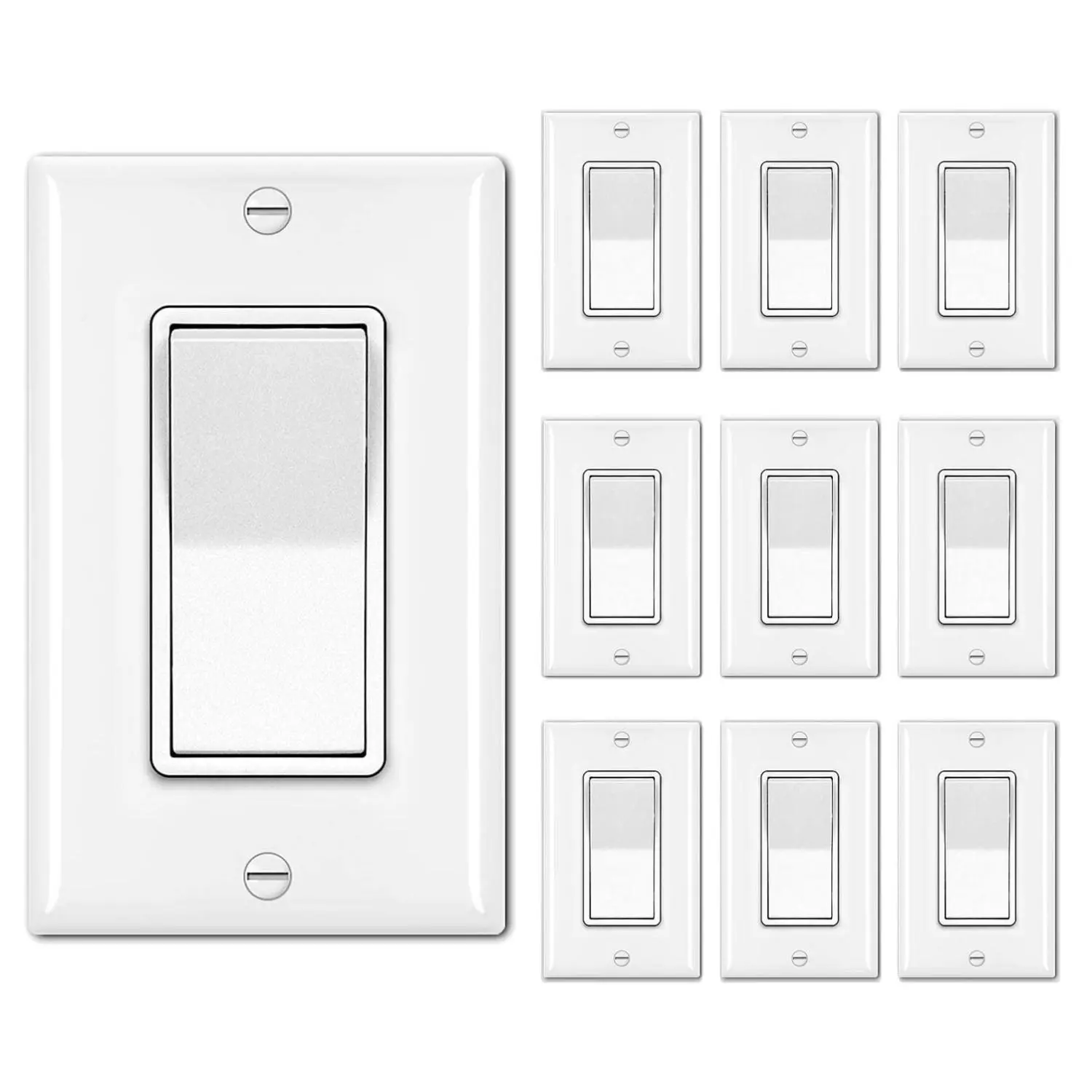 10 Pack Decorator Rocker Light Switch with Wallplate, SPST 15A 120/277V Paddle On/Off Switch for LED Lamps and Home Wiring
