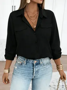 Plus Size Women Solid Color Oversized Collared Button-Down Shirt – Casual Loose Fit Long Sleeve Pocket Blouse,Trendy Office Work Outfits, Daily Street Style Top, Y2K Aesthetic Clothes, Minimalist, Womenswear