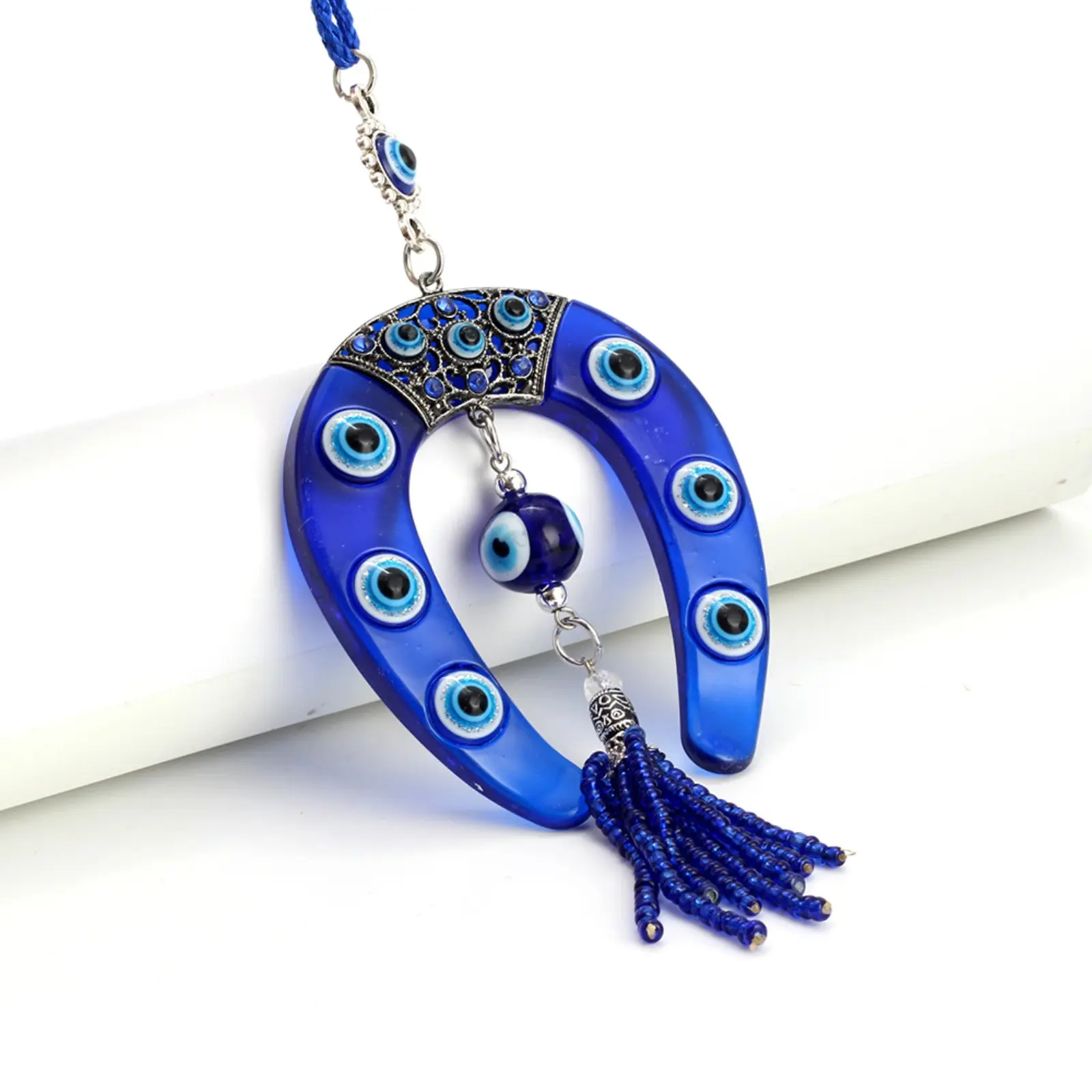 Blue Evil Eye-Horseshoe Alloy Charm Tasseled Lucky Amulet, Sports & Outdoor Accessory, Car Hanging Decoration, Car Dashboard Decoration, Car Interior Decorative