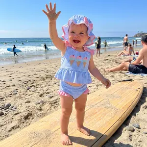 Baby Girls Bikini Set, Ice Cream Print Tank Top with Striped Shorts and Hat Swimsuit for Summer Beach Bathing
