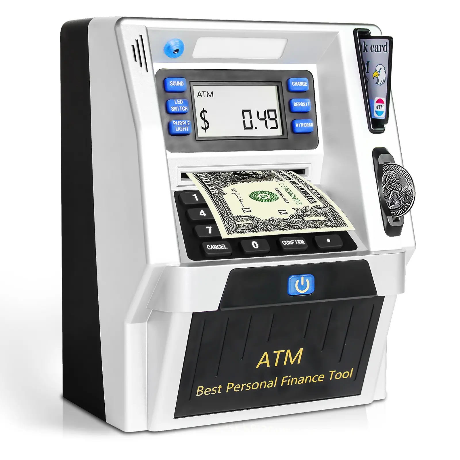 Automatic Atm Money Bank Machine for Kids, Real Currency Savings with Debit Card Reader, Safe Electronic Calculator Gift for Boys & Girls, Money Safe Box