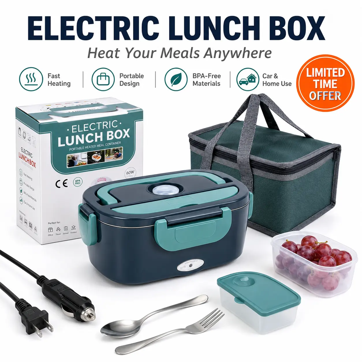Leak-Proof Heated Electric Lunch Box Portable Food Warmer with Car Charger & Insulated Bag Easy to Use Keep Food Warm Tableware