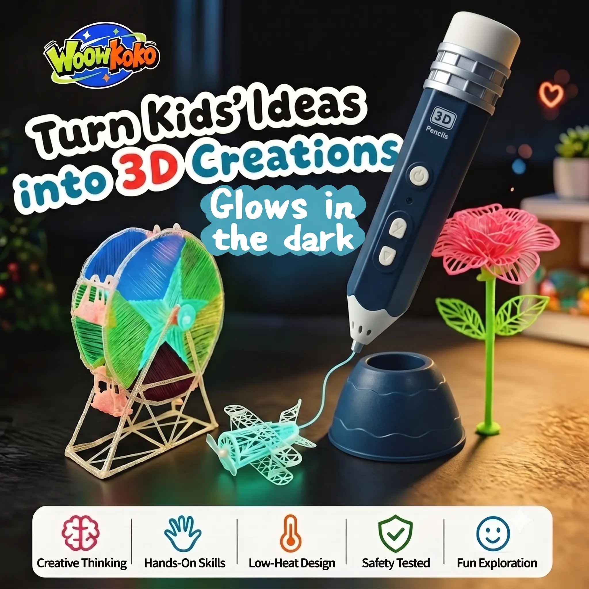 WOOWKOKO Kids 3D Printing Pen, Safe Low Heat Design Non-Toxic PCL Filament 10 Rolls, Rechargeable Cordless 3D Drawing Pen Set, Creative Arts & Crafts STEM Toy Gift