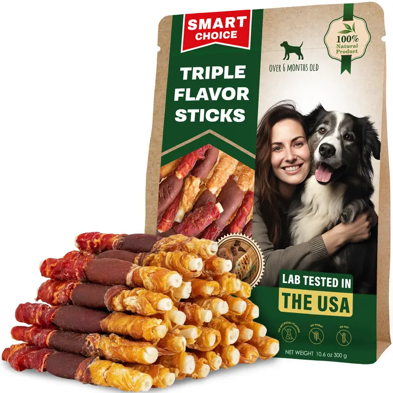 Beloved Pets Real Meat Rawhide Dog Treats - Triple Flavor Duck & Liver Chews, Dental Care, Puppy-Safe Long-Lasting Chews for Large & Small Dogs