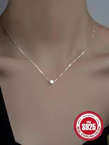 S925 Sterling Silver Simple Square Pendant Necklace for Women, Fashion Jewelry for Party, Daily Clothing Decor, Trendy All-match & Exquisite Jewelry for Birthday Gift, Square Shaped Pendant, Elegant Necklace, Minimalist Necklaces