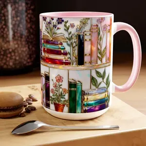 [Sale Up To 50%] Stained-Glass Style Floral Bookshelf Mug, Book Lover Gift, Bookish Mug, Library Cup (11Oz 15Oz)