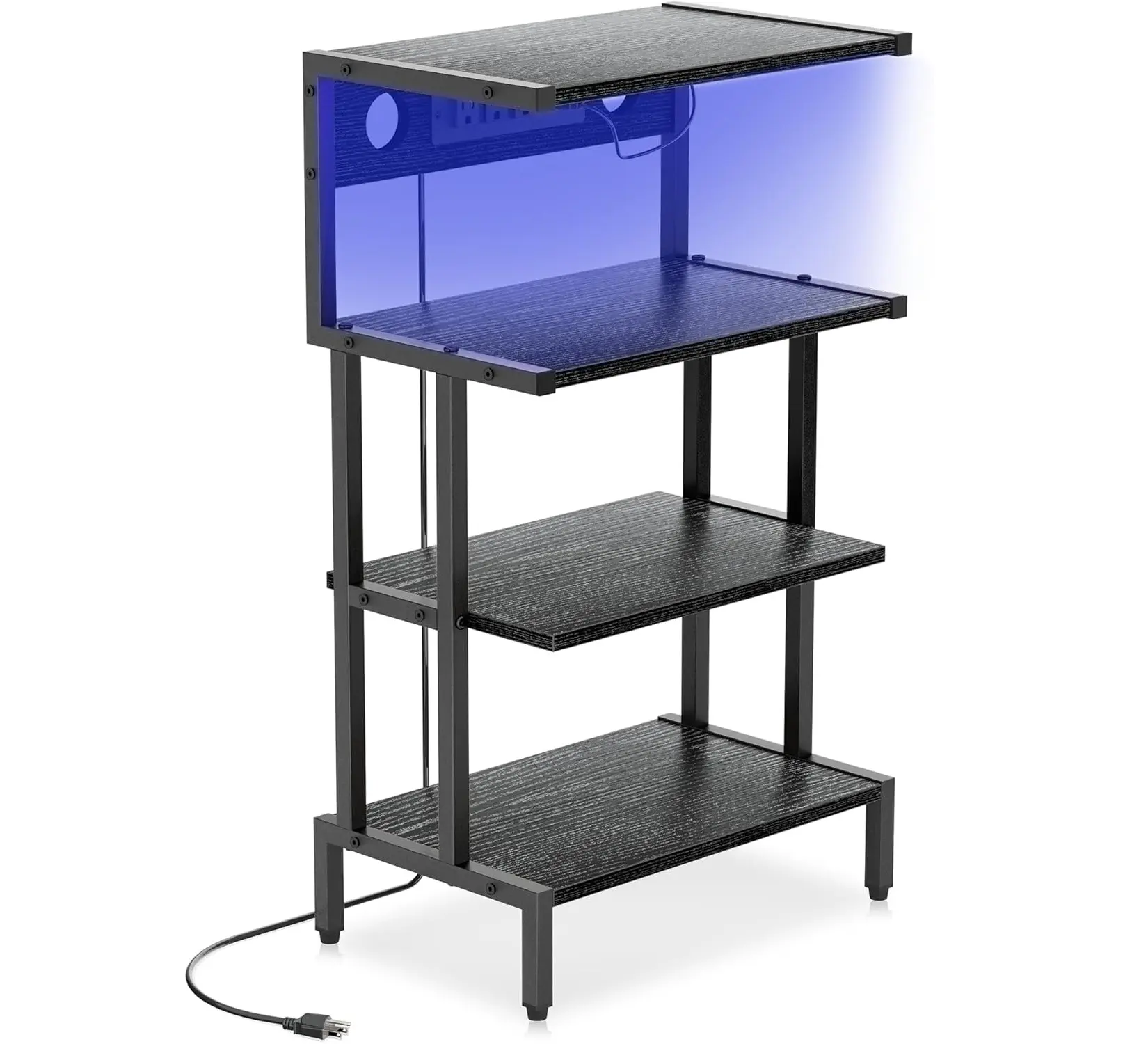 Aquzee Durable 4-Tier FSC Certified Contemporary Wooden Game Console Shelf - Stable Universal Freestanding Racks with Power Outlet, RGB Light, USB Ports, Cable Management, Small Media Center for PS5, Xbox, Easy Installation Playroom Storage Furniture, Rec