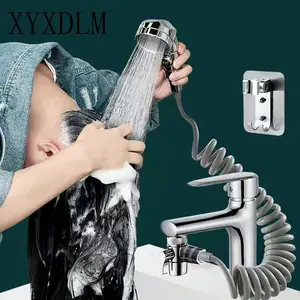 Travel shower head kit, with bracket, diverter and telescopic hose, faucet adapter shampoo spray kit, high-pressure hand-held shower head, suitable for bathroom sink, portable shampoo kit.