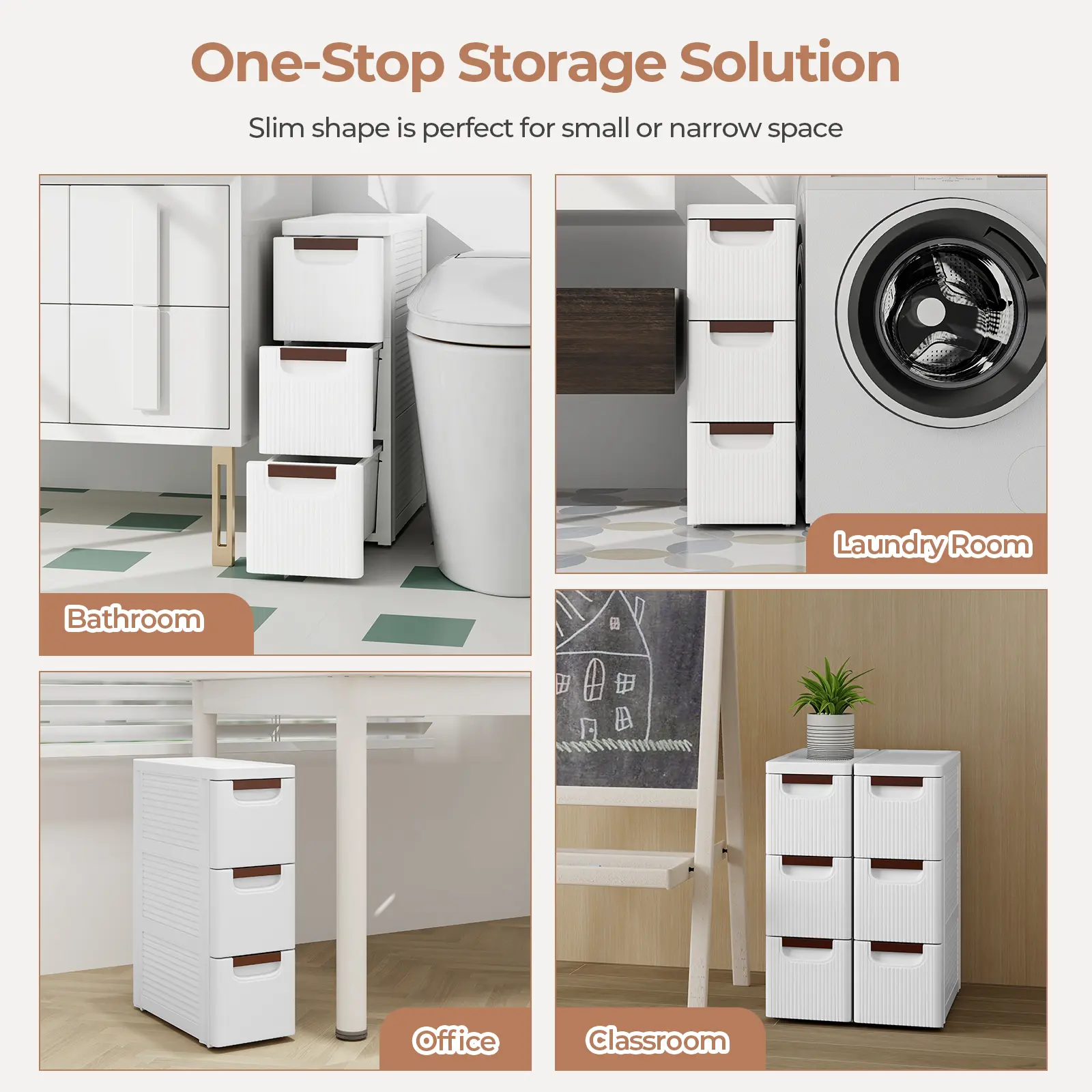 COSTWAY - 3/4/5/6-Drawer Rolling Organizer Unit Narrow Storage Cabinet with Built-In Wheels for Small Space-3-Drawer
