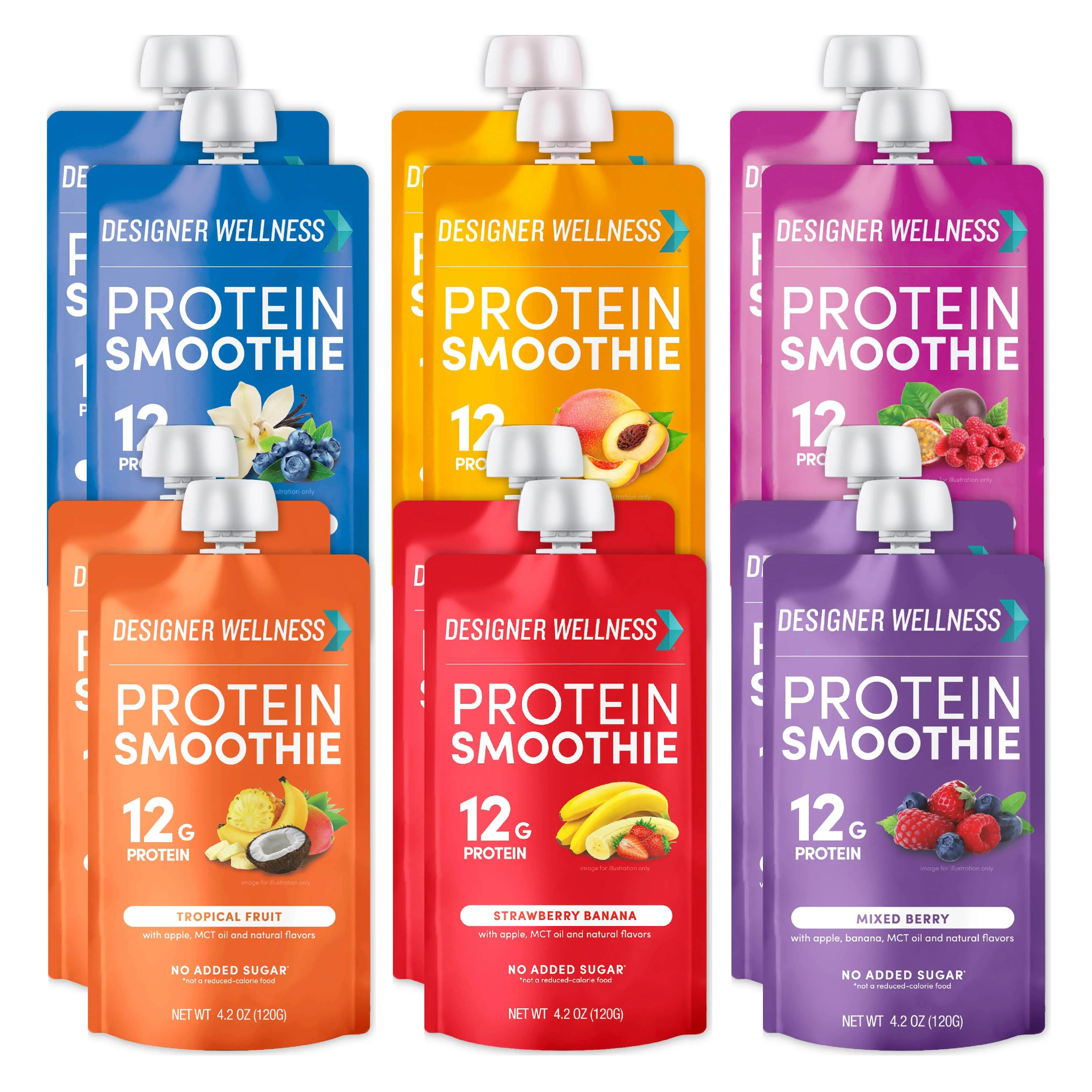 Designer Wellness Protein Smoothie, Mixed Variety Pack, 12g Whey Protein, Real Fruit Smoothie Snack, No Added Sugar, Low Carb, Gluten-Free, Shelf-Stable Protein Pouches with MCT Oil - 12 Pack
