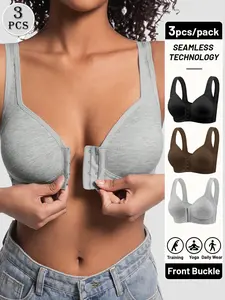 5-piece front-closure Buckle bra set with ribbed seamless shaping design, high elasticity wire-free soft and comfortable for daily wear, essential for all seasons, Fit