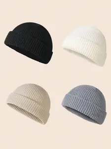 Men's Solid Color Beanie Set, Knit Style, Perfect for Fall & Winter Daily Wear, 4 Piece Pack, Casual Fashion Accessories, Knit Hats, Beanie Fitted