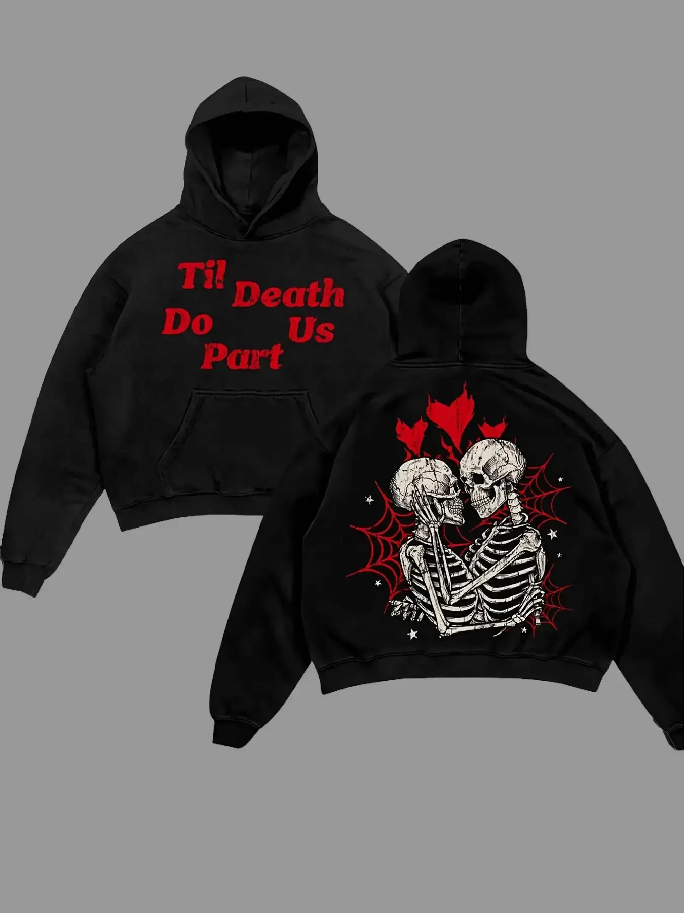 Men'S Gothic 'Til Death Do Us Part' Hoodie - Heavyweight 300G Black Sweatshirt with Skeleton Couple - Long Sleeve Pullover for Halloween, Valentine'S, Dark Theme Outfits - Machine Washable Winter.Jpg Design Street Trending Style Casual Love Lover Ho