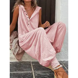 Women's All-Seasons Polyester Basic Sleeveless Hooded Long Cuffed-Pant Casual Overalls, Apricot Option Pant Jumpsuits Womenswear