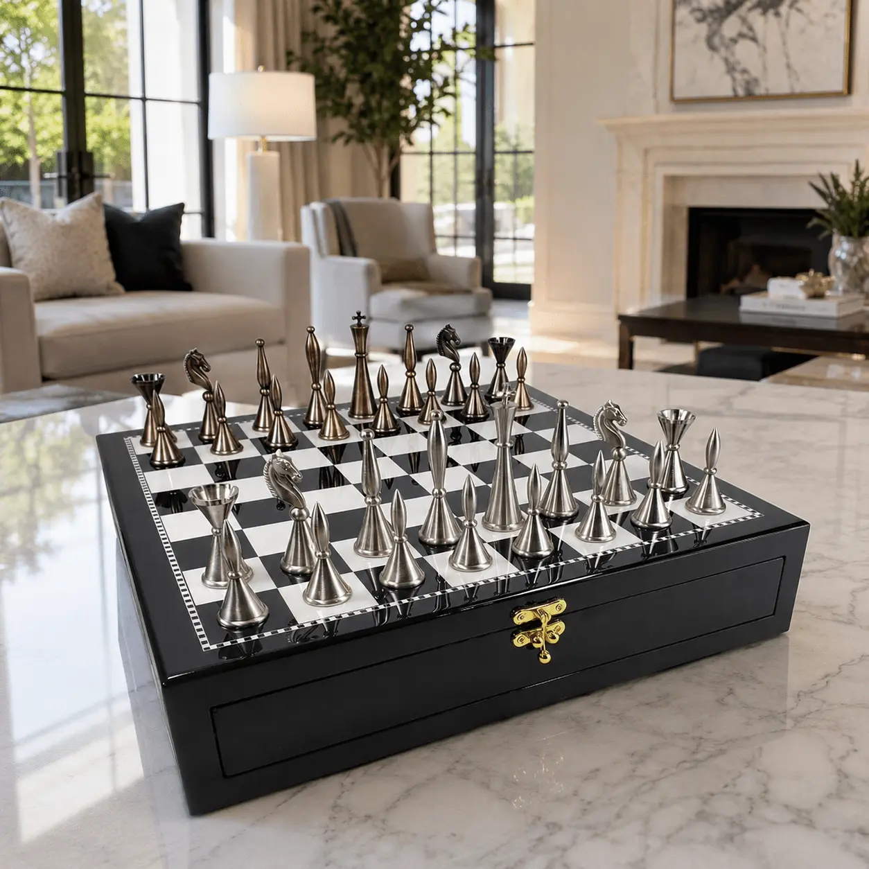 Brass Metal Staunton Chess Set with 17" Black & White Storage Board, Modern Geometric Style Chess Pieces, Decorative Strategy Tabletop Game, Home Office Game Room Decor, Family Game Night, Graduation Gift, Father’s Day Gift, Memorial Day
