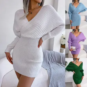 JointlyCreating Womens Batwing Long Sleeve Wrap V Neck Bodycon Sweater Dress for Winter Cocktail Wedding Guest Wear