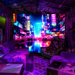 Neon Cyberpunk Rainy City Street Scene UV Reactive Fluorescent Tapestry, Glow-in-the-Dark Polyester Wall Decor for Bedroom, Party, Game Room, and Living Room, Multiple Sizes Polyester Fabric for Wall Decoration, Easy to Clean and Maintain
