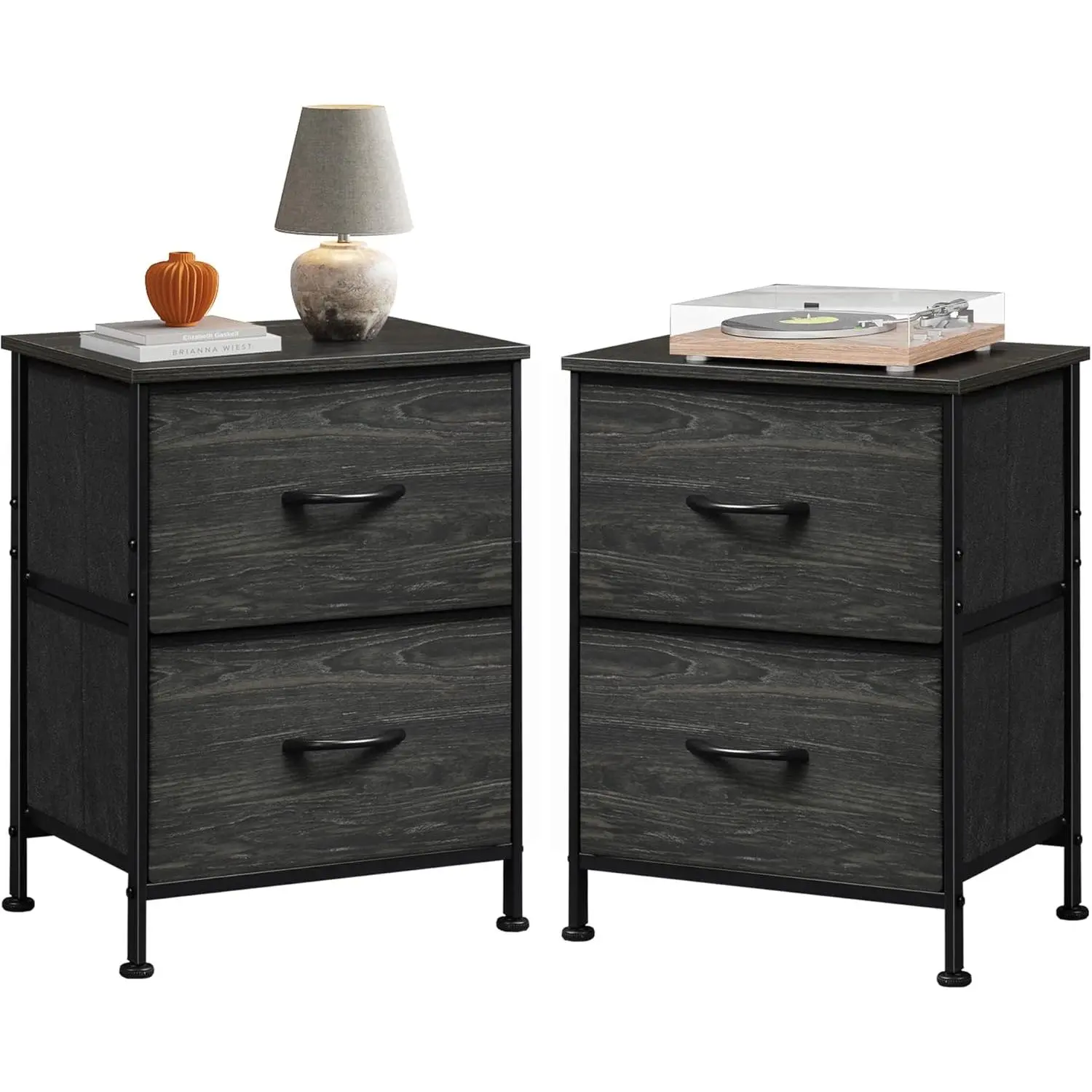 WLIVE 2-Piece Compact Night Stand Set, End Side Tables with 2 Fabric Drawers, Small Bedroom Dresser, Space-Saving Bedside Table for Dorms, Compact Nightstand