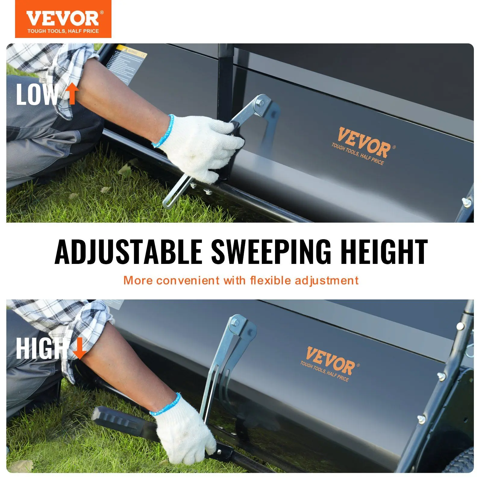 VEVOR 50-in Tow-Behind Tractor Lawn Sweeper for Leaf Cleanup, 26 Cu. Ft. Non-Woven Fabric Yard Collector, Metal-Enhanced, Large Wheels, PP Brushes, Adjustable Sweeping Height, Dumping Rope, Puncture-Resistant, Garage Wall Storage Compatible