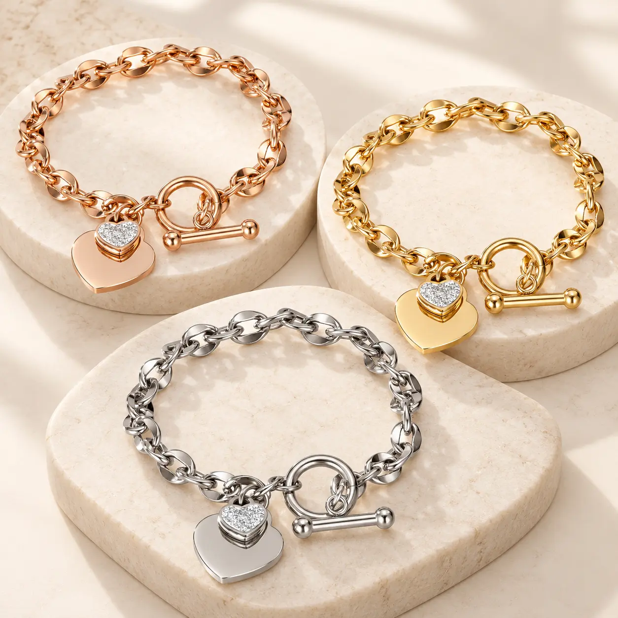 Heart Charm Bracelet for Women, Stainless Steel Chain with Cubic Zirconia and Toggle Clasp Heart Charm Bracelet for Women, Stainless Steel Chain with Cubic Zirconia and Toggle Clasp