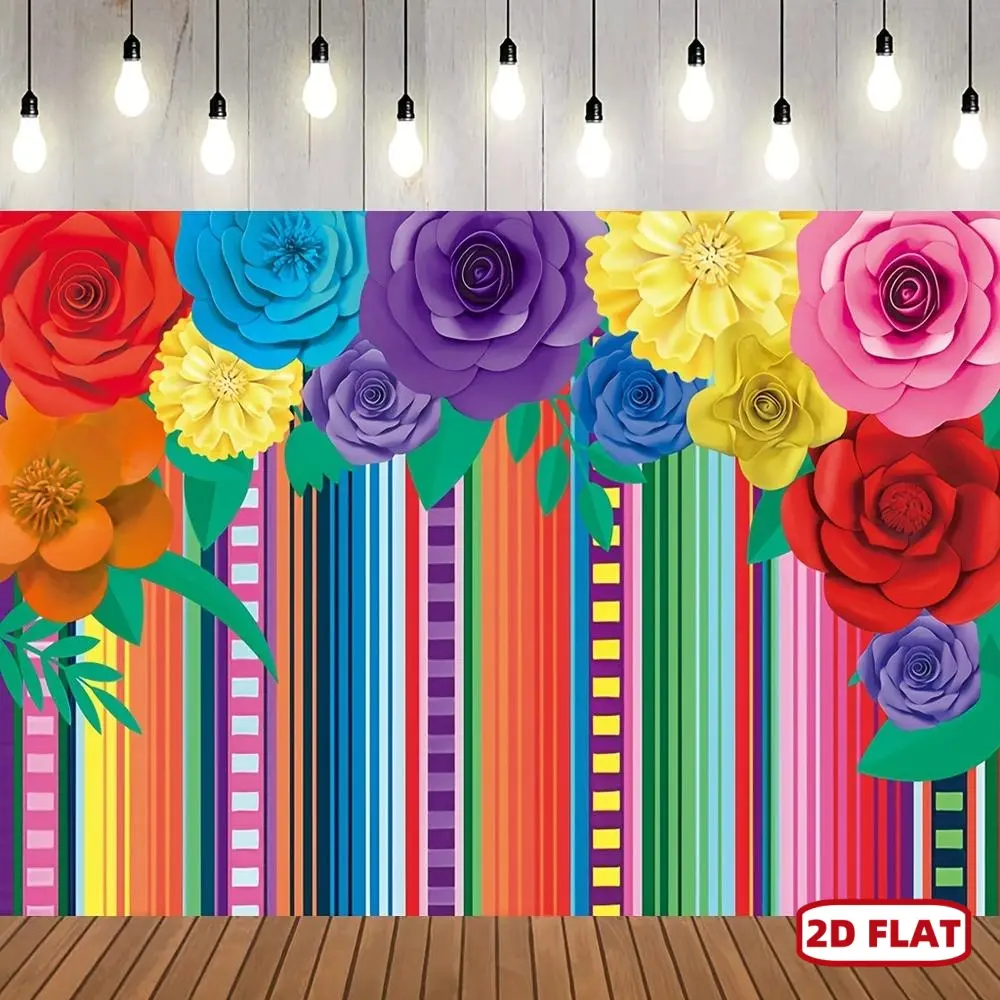 1pc Polyester 2D Flat Vibrant Mexican-Themed Party Backdrop - Flower Design, Colorful Stripes, Roses, Fiesta Paper Flowers, Wall Decor Banner, Ideal for Birthday Cake Table, Photo Backdrops