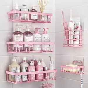 Ikea bathroom decor set  Pink Bathroom Accessories 5-Pack Rust-Proof &Waterproof Shower Rack No Drilling Required Stick-On Storage Rack with Toothbrush & Soap Holder Large-Capacity Minimalist Design