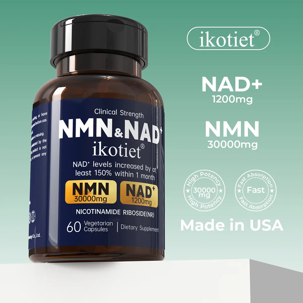 IKOTIET Edible Dietary NMN & NAD+ Supplement with Nicotinamide Riboside (NR) - Sugar Free, Focus Fuel, Energy Boost, Cellular Support, Metabolism Aid, Brain Health, GMP, Third-Party Tested, Vegan, Non-GMO, 60 Vegetarian Capsules