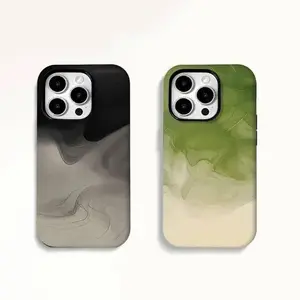 Ink wash pattern, two-in-one phone case, compatible with iPhone 11 12 13 14 15 16 17 Pro Max & Samsung Galaxy S25 Ultra S24 Plus S23 FE S22 S21, glossy design, drop protection.MFL32